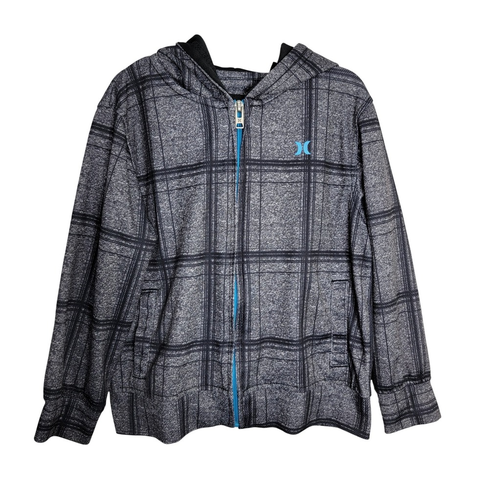 Hurley Boys Size‎ 5 Gray Black Plaid Full Zip Hoodie Sweatshirt Skater Surf